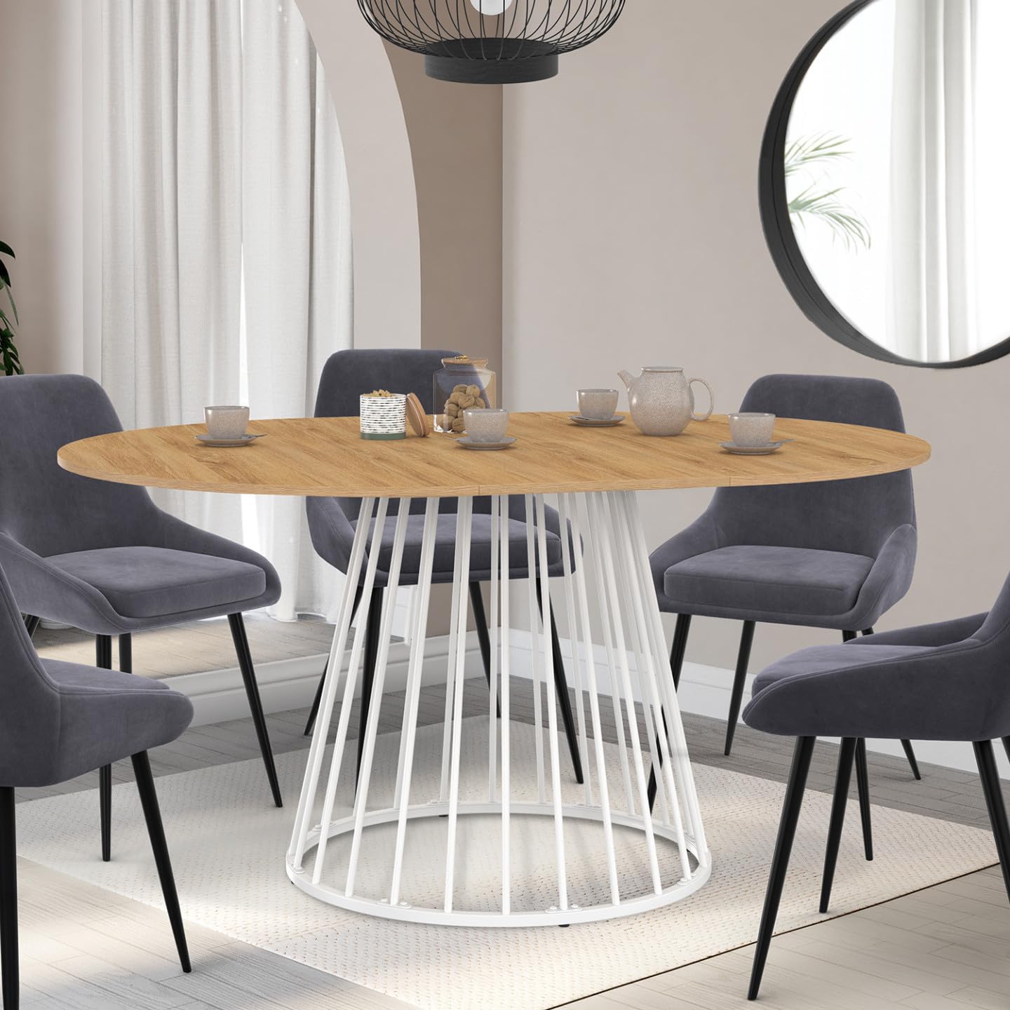 IDMarket Yuna – Mesa de comedor extensible redonda para 4-8 personas, bandeja de madera y pie con cable de metal, 110-150 cm, color blanco