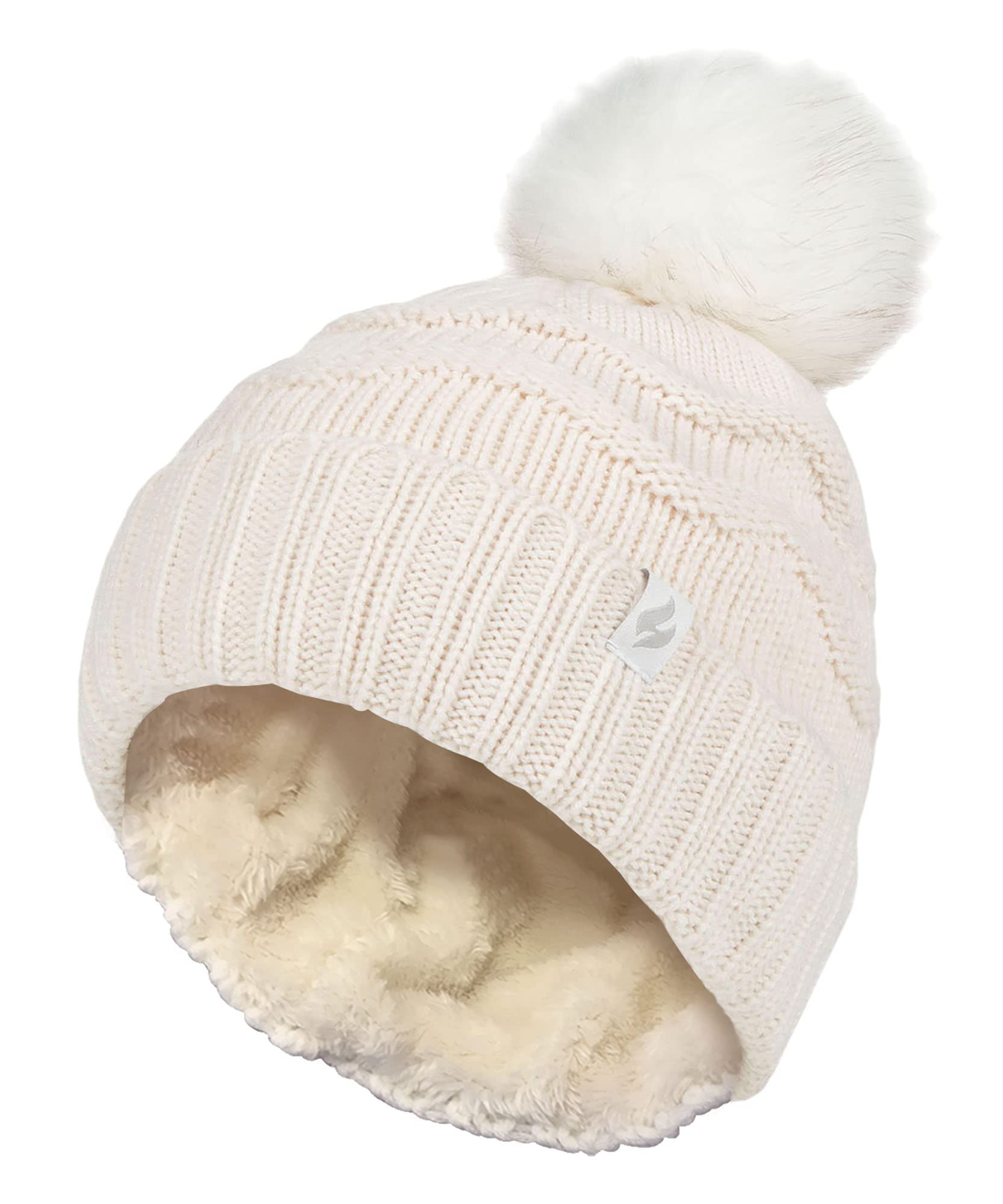 Heat Holders Ladies Zig Zag Thermal Pom Pom Hat - Winter Beanie - Cream - One Size