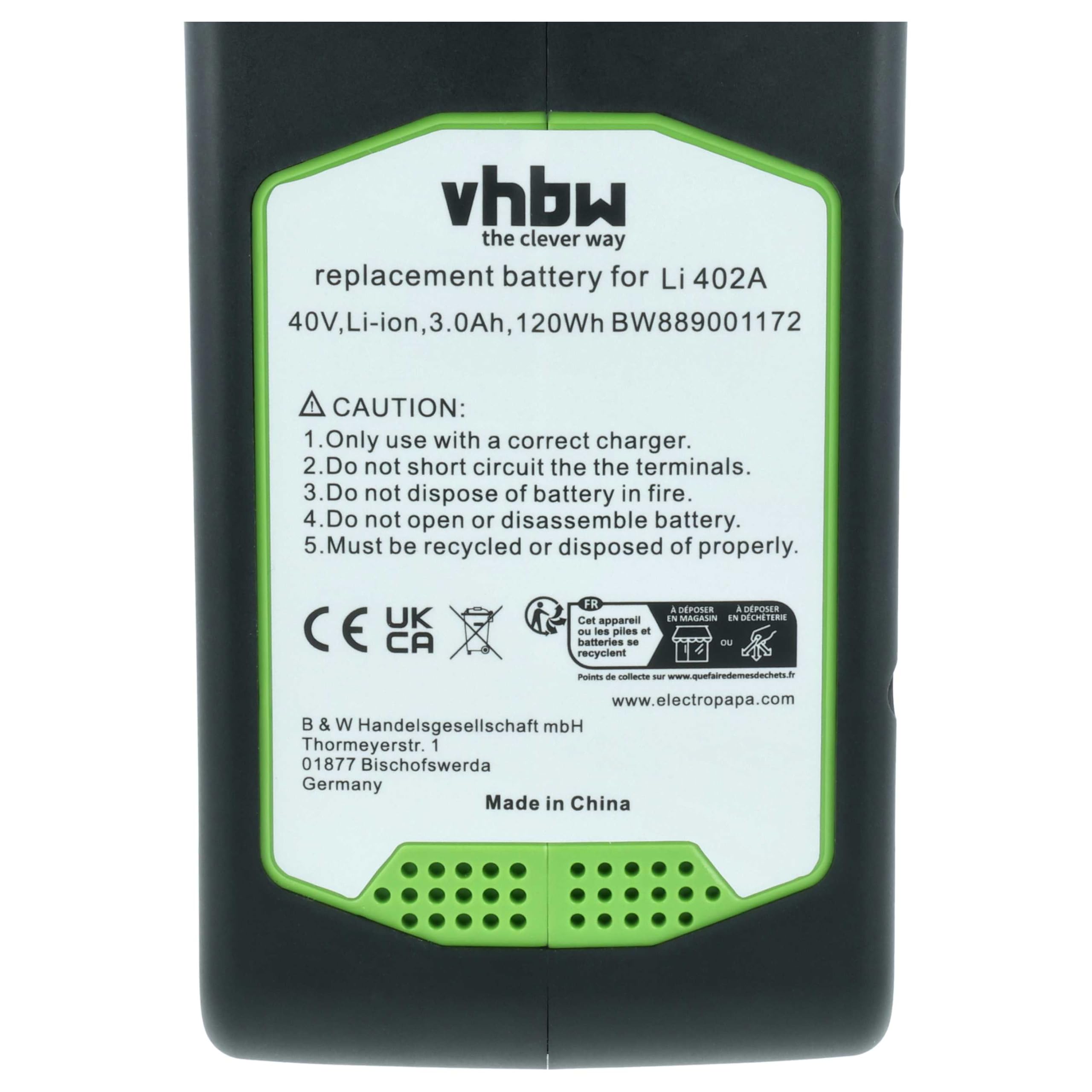 vhbw Batería Compatible con Greenworks 40V 12, 40V 14, 40V 15, 40V 16, 40V 17, 40V 19, 2605302 Herramienta de jardín cortacésped 3000mAh 40V Li-Ion
