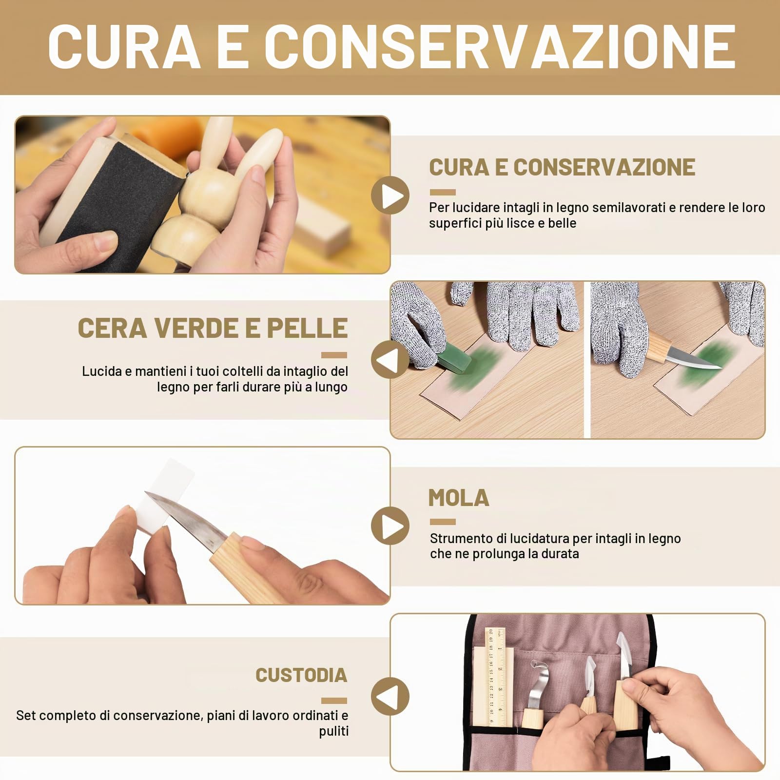 Set di strumenti per intaglio in legno, set di strumenti per intaglio con guanti resistenti al taglio, manico e pietra per affilare, per principianti e professionisti