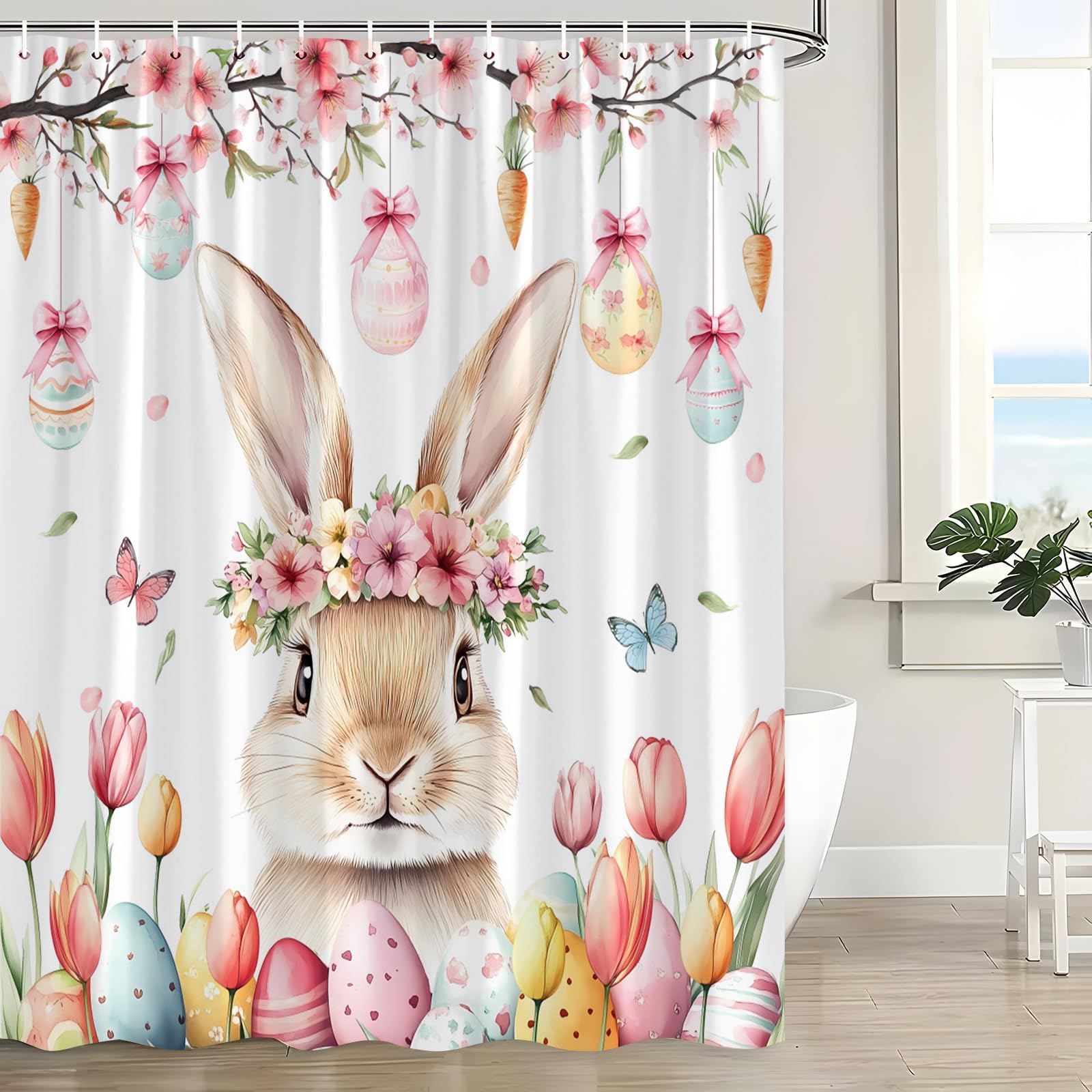 Happy Easter Shower Curtain Colorful Eggs Cute Rabbit Bunny Spring Flower Butterfly Rustic Tulip Floral Garden Holiday Fabric Bath Curtains with Hooks，70x70 Inch