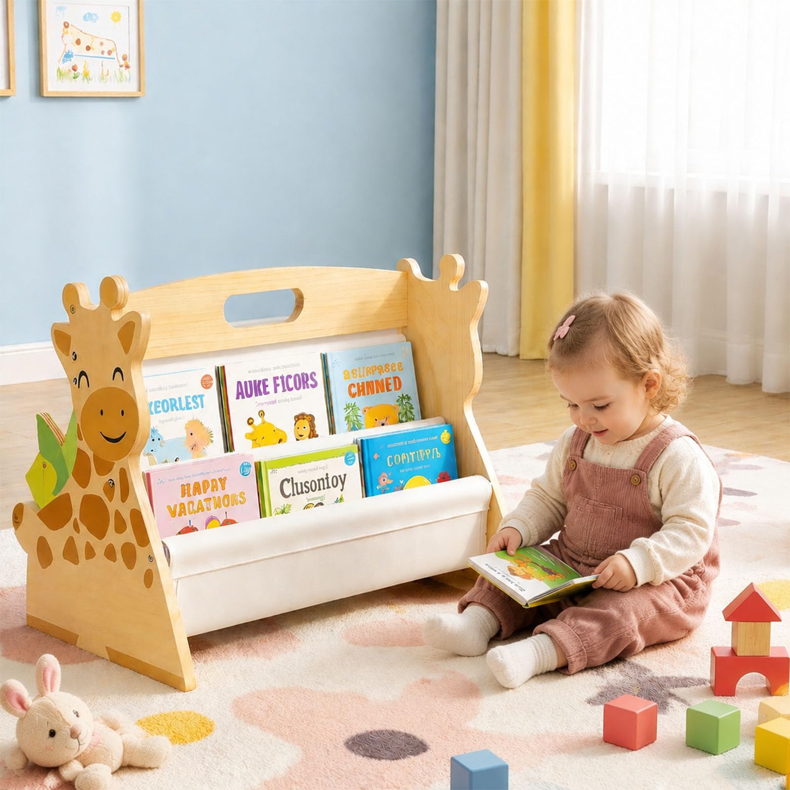 Yalitrca Giraffe Kids Bookshelf with Screwdriver, Wooden Toddler Book Shelf with Fabric Sling Storage, Children’s Bookcase for Nursery Kids Room and Reading Corner, Montessori Organiser