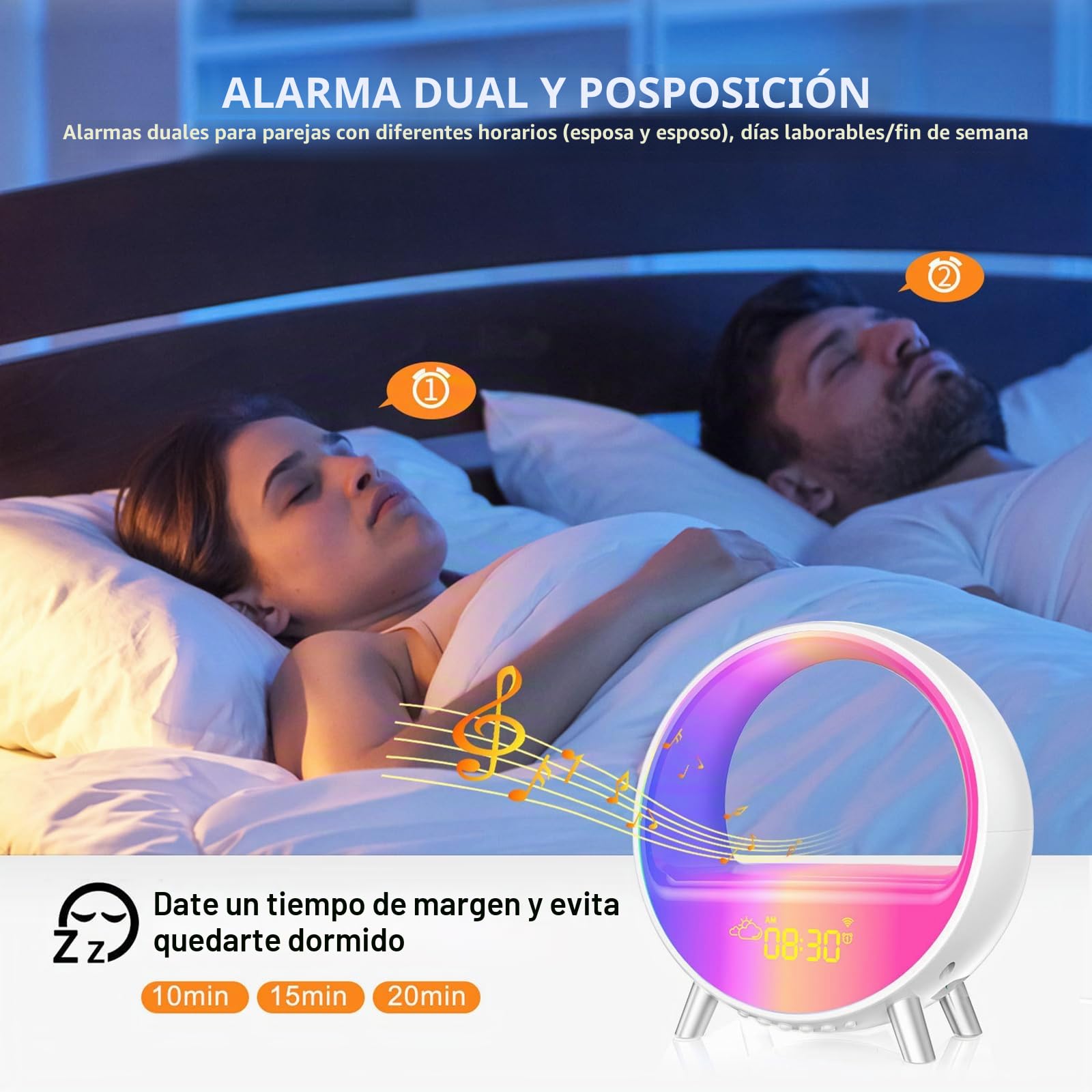 Reloj despertador inteligente con simulación de amanecer y carga inalámbrica, lámpara rítmica, modo de repetición, 9 modos de luz y 7 sonidos naturales - Luz nocturna con altavoz Bluetooth