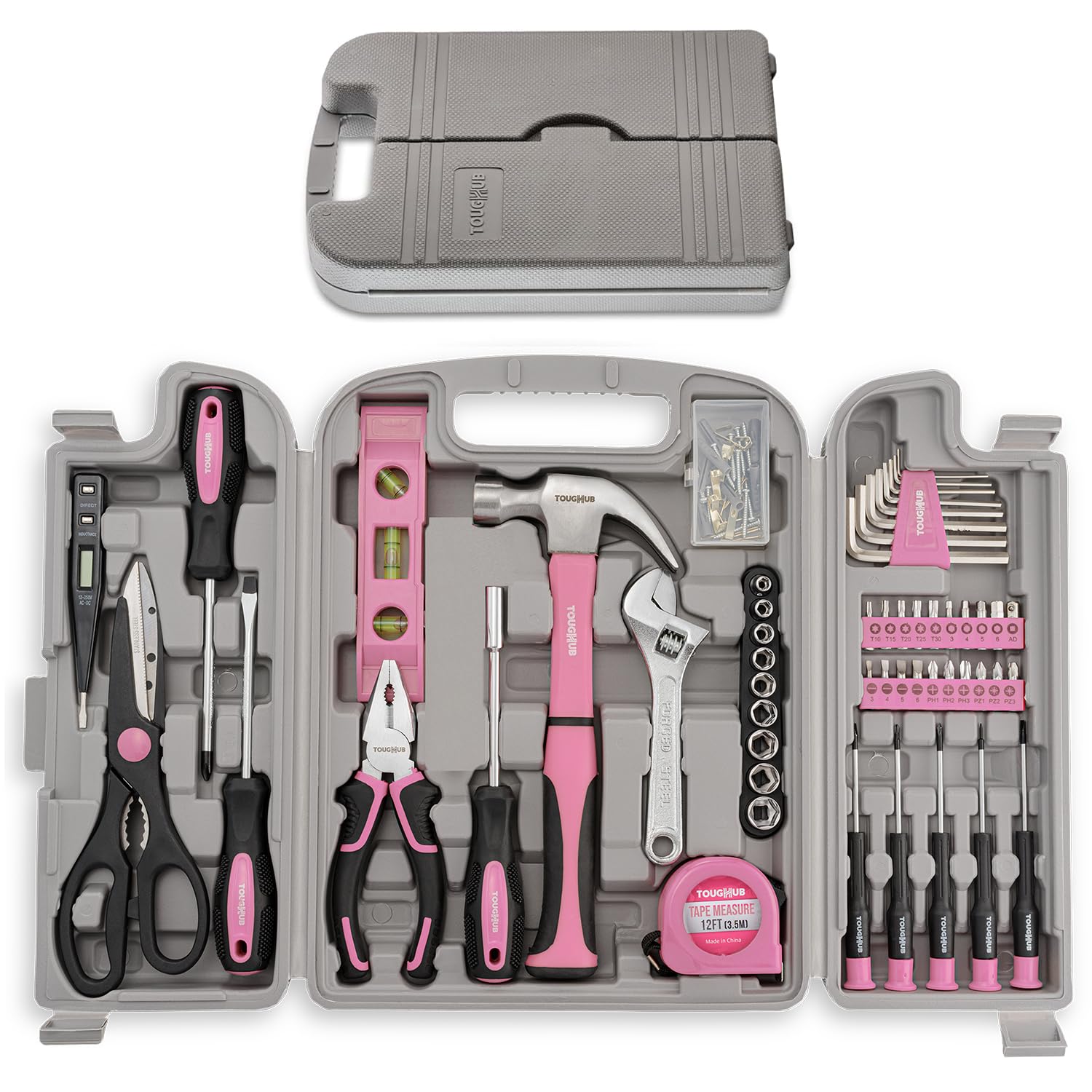 56 pcs Tool Kit – Complete Household Tool Set for Home Repairs & Maintenance - Best Pink Tool Box with Tools Included Plier, Hammer, Screwdriver, Adjustable Wrench, and Hex Key Set