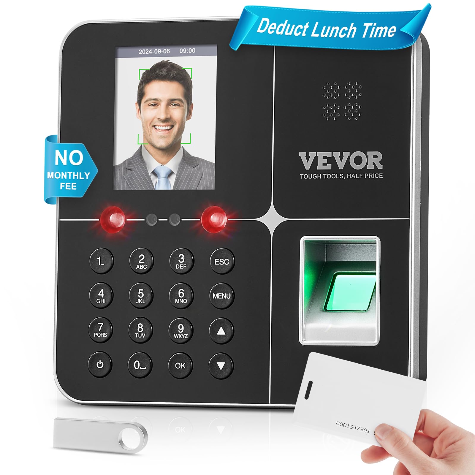 VEVOR Macchina Biometrica per Rilevazione delle Presenze dei Dipendenti con riconoscimento facciale, Impronta Digitale, Carte RFID e Immissione PIN, Orologio Biometrico Indipendente, Supporta 5 Lingue