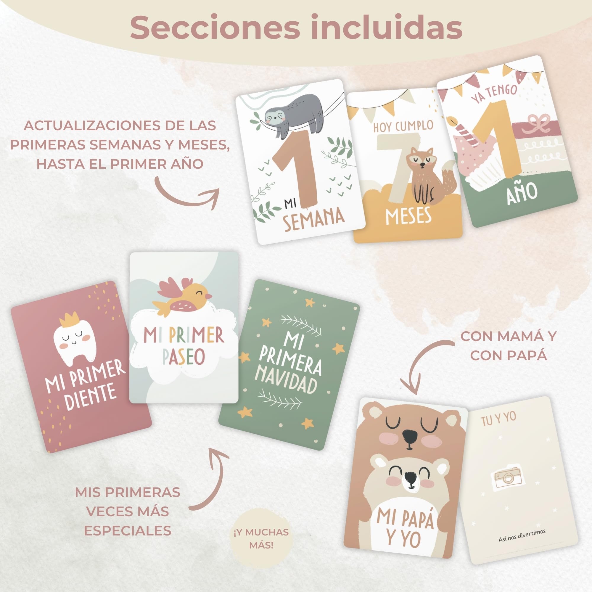 HUBORNS – Tarjetas cumple mes bebé “Mis primeras veces”, set de 46 tarjetas para fotos y recuerdos, regalo original para recién nacidos y padres primerizos con caja premium de regalo