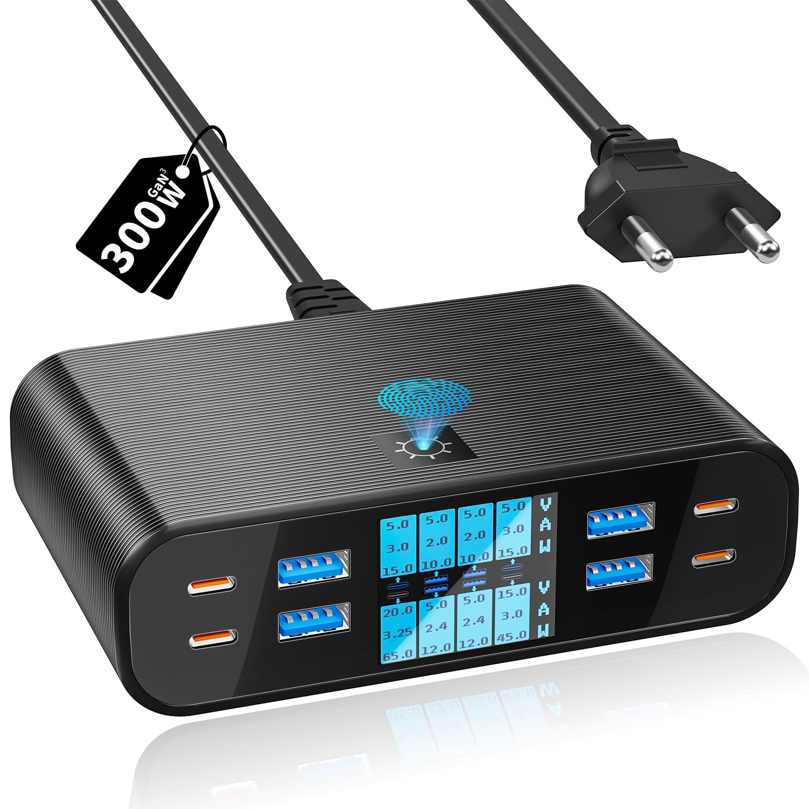 Chargeur USB C Multiple 8 Ports avec Écran LED 300W Station Charge | GaN Rapide PD PPS Chargeur USB C 65W QC3.0 USBA Charger Multi pour Macbook Ordinateurs Portables iPhone Pad, Noir