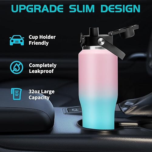 Miniatura 2 de Botellas de agua aisladas que cabe en portavasos con popote y manga, taza de viaje a prueba de fugas que mantiene el frío 48 horas calor 24 horas,