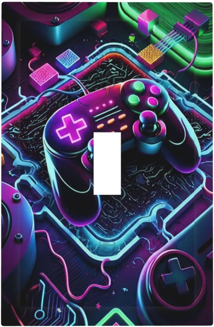 Cyberpunk Gamer Style 1 Gang Light Switch Cover Neon Gamepad Controller Decorative Single Toggle Wall Plates Outlet Covers Faceplates Electrical Switchplate for Boys Game Room Playroom Decor