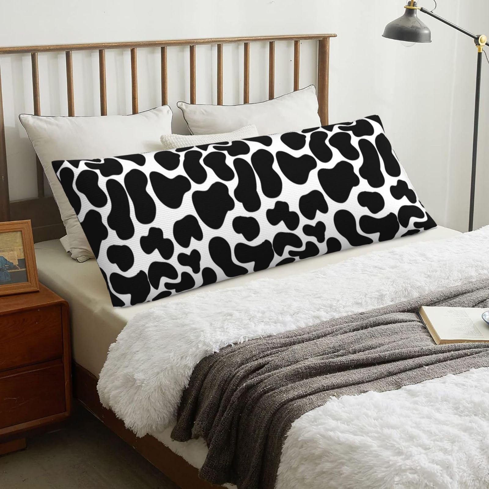 Black Cow Spots Animal Print, Body Pillow Cover with Zipper,Long Body Pillowcase 20 x 60 in