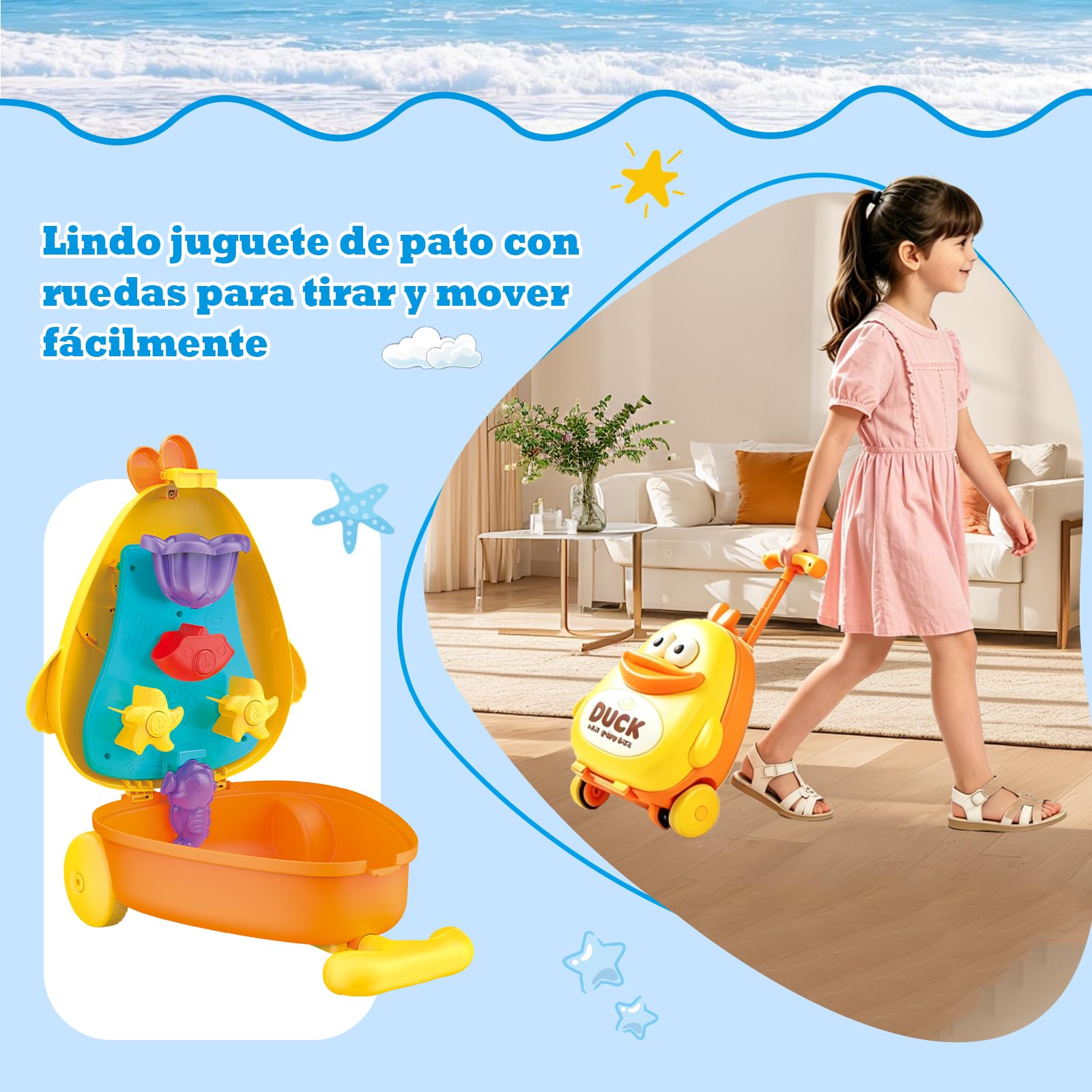 Maleta Pato de Arrastre Juguete Arena Agua para 3 4 5 6 7 8, 6 Piezas con Rueda, Juguetes Playa, Palas Playa, Mesa Agua Niños, Water Table Kids, Regalo 3–8 Niños Niñas