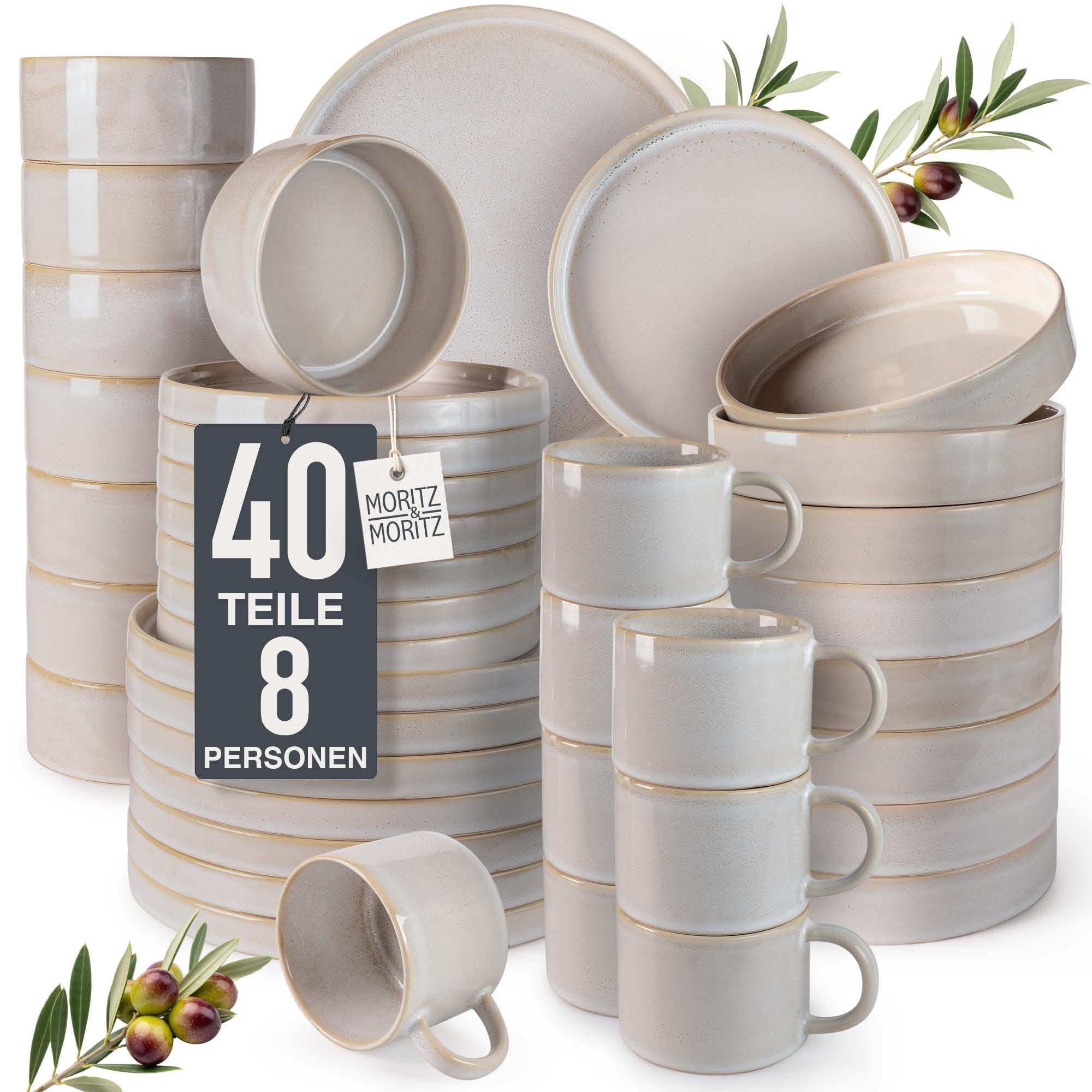 Moritz & Moritz CASTELLO 40-teiliges Geschirrset 8 Personen Beige - Teller Set aus Steinzeug - Geschirr Set Beige aus je 8 Dinnerteller, Dessertteller, Suppenteller, Schüsseln und Tassen