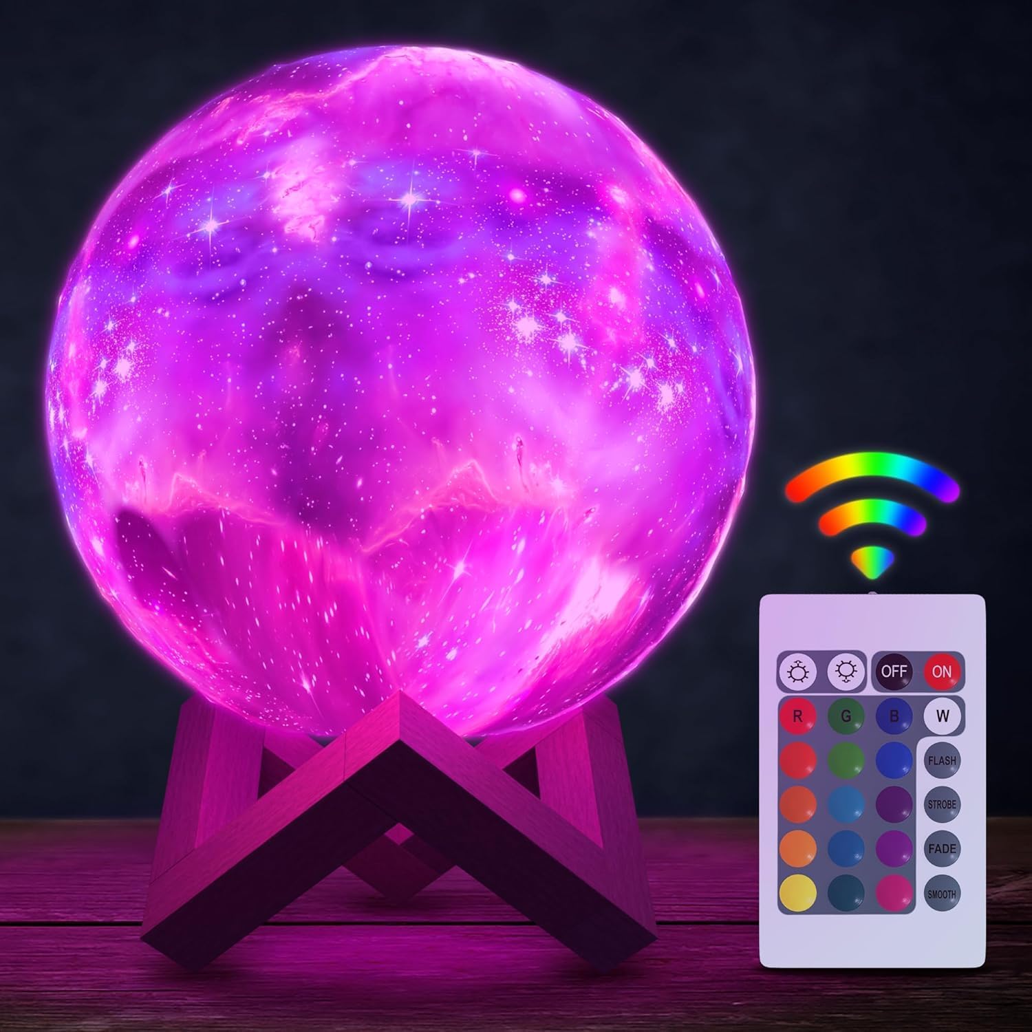 LED Galaxy Lamp 6.7" - 16 Colors, 4 Modes Mesmerizing 3D Moon Lamp with Touch & Remote Control, Wooden Stand, USB Charging - Printed Moon Night Light with Realistic Design | Party in The Dark Decor