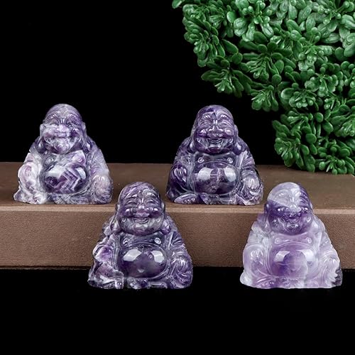 Miniatura 7 de Artistone Estatua de Buda de cristal de amatista de 2 pulgadas tallada a mano, bolsillo sentado Maitreya Laughing Happy Buddha, figura de piedra