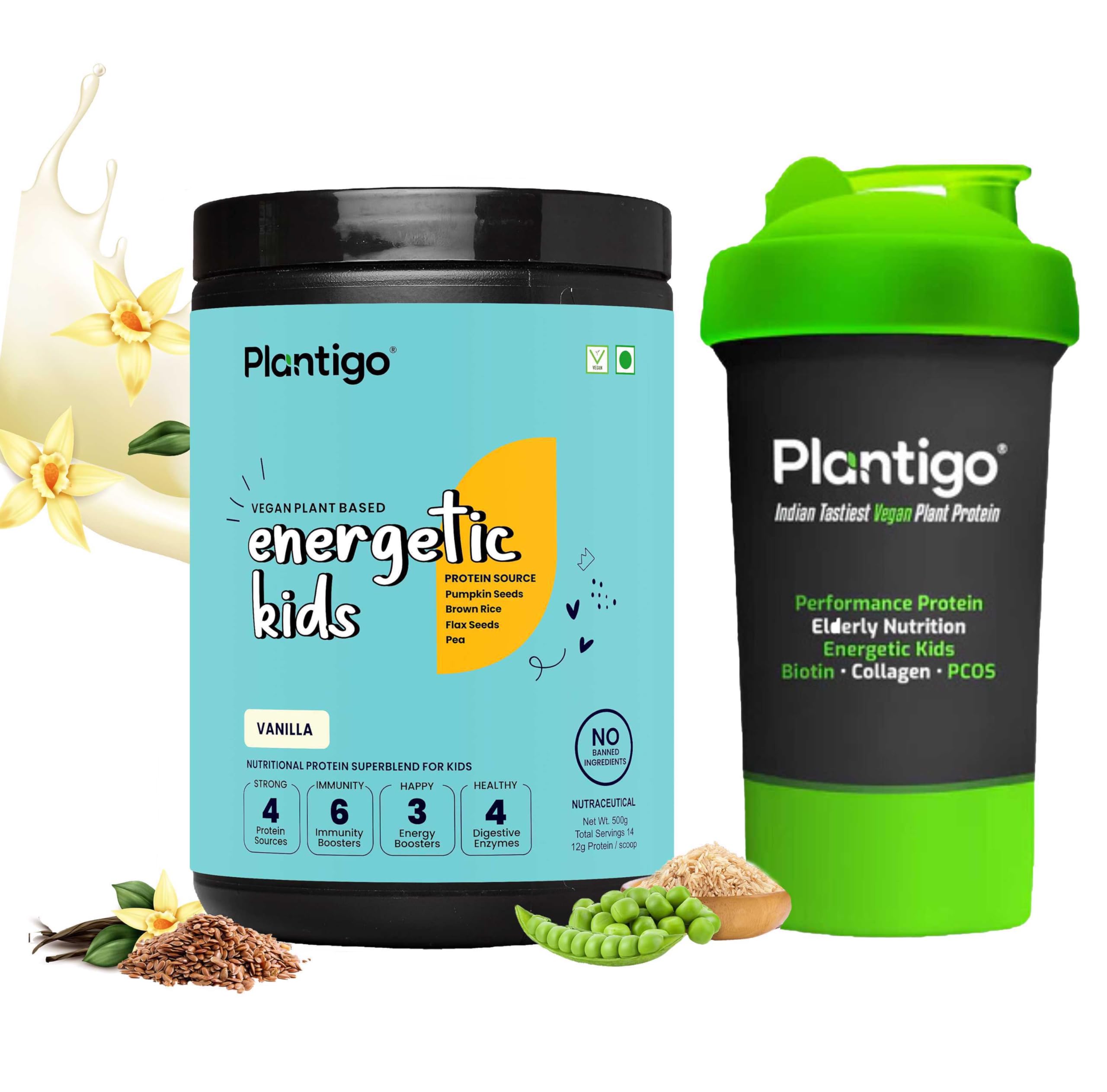 Plantigo Kids Protein 14g, 11 Vitamins, 8 Minerals, Vegan Nutrition Supplement | Muscle, Bone Growth & Brain Health | Plant Protein Powder for Kids 10+ years | (Vanilla Flavor - 500g + Shaker, 600ml)-image-47