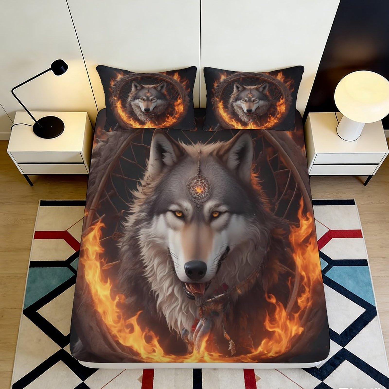 3D Printed Wolf Fire Fitted Sheet Microfiber Soft Anti-Slip Dreamcatcher Bed Cover for Bedroom Dorm Mattress Protection 200x200x25cm