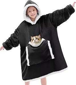 JOYWOO Black Kids Wearable Blanket Hoodie,Oversized Cat Lovers Hoodie Blanket for Kids & Teens,Birthday Gifts for Girl Boys,Warm Cozy Fuzzy Sherpa Fleece Sweatshirt Blanket with Giant Pocket Gifts