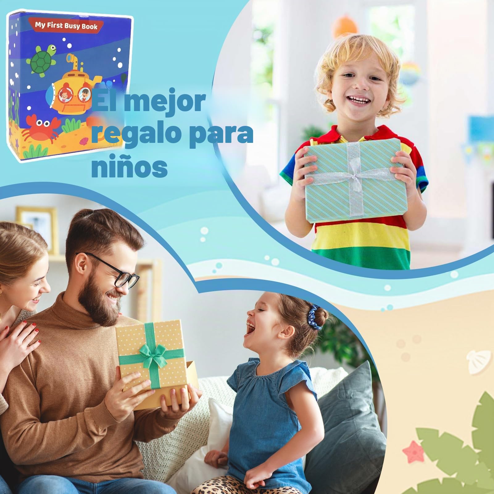 LZDMY Libro Montessori para Niños 1 2 3 Años, Busy Board Tablero Sensorial Educativo con Tema Oceánico, Juguete Interactivo de Motricidad Fina, Juguetes Actividades Portátil, Regalo de Cumpleaños