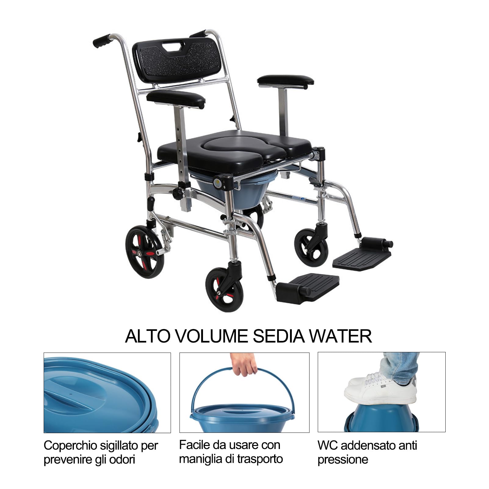 Sedia Doccia Disabili con Ruote, Sedia a Rotelle Doccia, Sedia Comoda WC per Anziani con Ruote, Sedia Wc per Disabili, Sedia Multifunzione Anziani, Comoda Wc Portatile