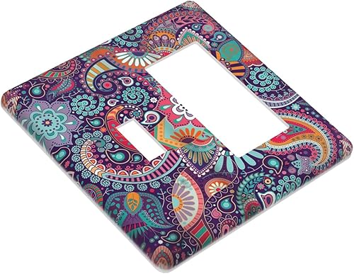 Miniatura 3 de Cubierta de interruptor de luz combinada con mandala vintage bohemio de 2 bandas, placa de pared de flora bohemia, placa frontal eléctrica, placa