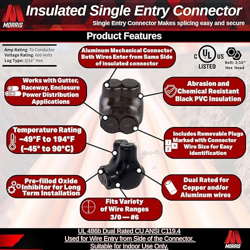 Miniatura 3 de Morris Productos 97107 Negro aislado 2 conductores empalme de entrada de un solo lado 3/0-6 rango de cables, 1 paquete