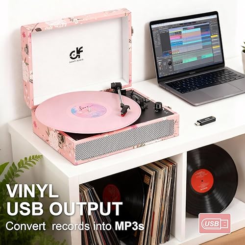 Miniatura 7 de Tocadiscos de vinilo Bluetooth con altavoces integrados, tocadiscos portátil vintage con diseño floral, fonógrafo de vinilo de 3 velocidades