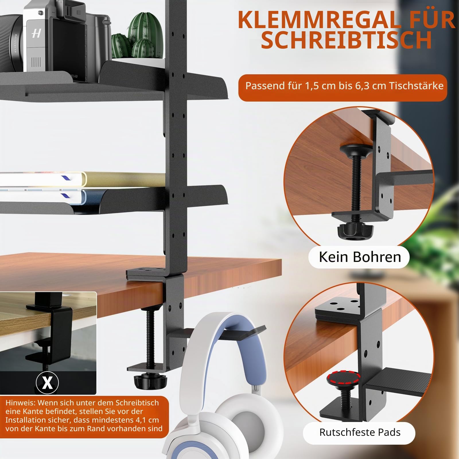 3 Stufen Clamp-On Schreibtisch Regalaufsatz mit Verstellbarem Ablagefach und Kopfhörerständer über oder Unter Schreibtisch Aufbewahrung kein Bohren rutschfest Schreibtisch Regal für Heim Büro