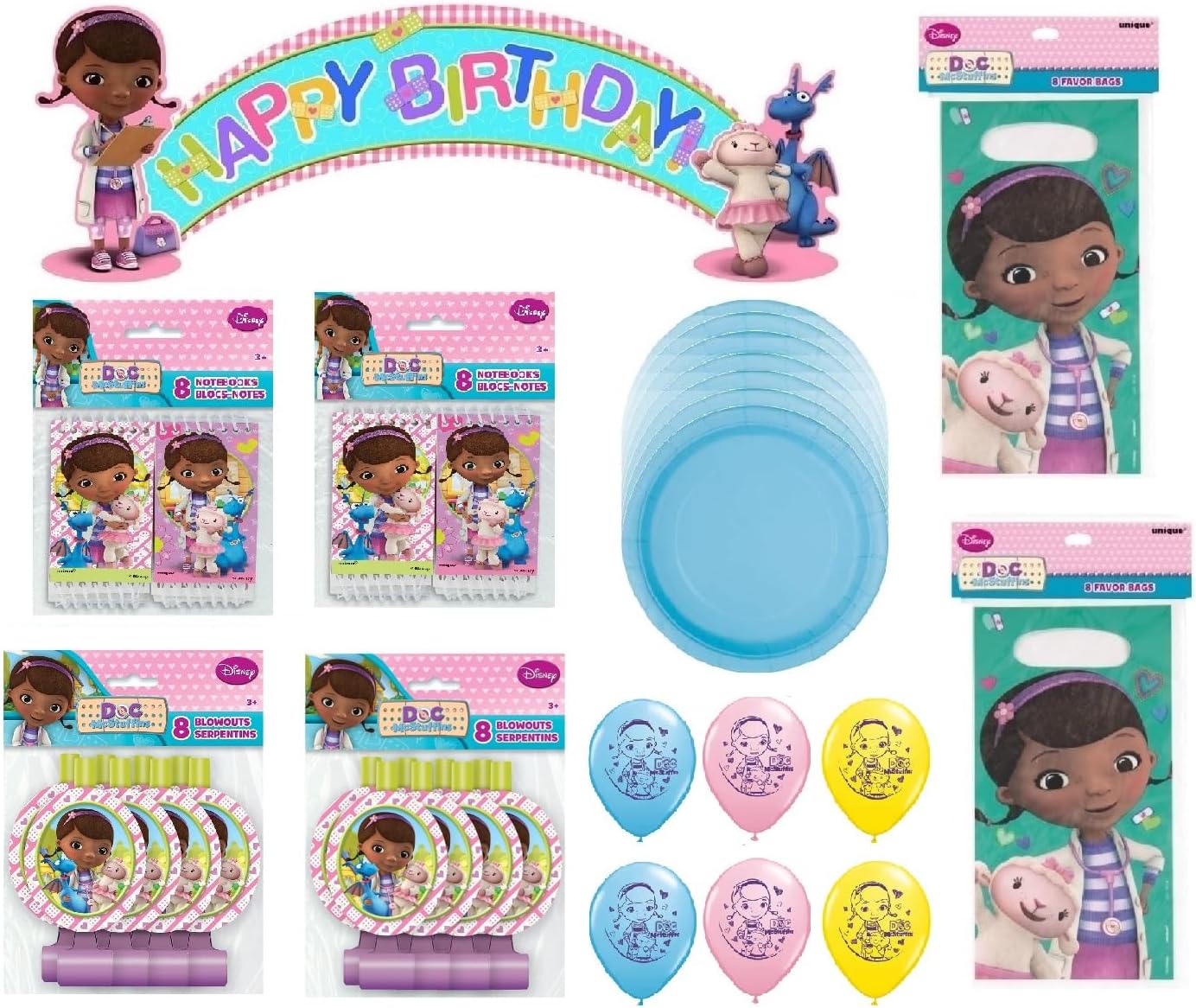 Doc McStuffins Party Supplies Deluxe Bundle Pack includes 16 Blue Lunch Plates, 1 Happy Birthday Banner, 16 Loot Bags, 16 Blowouts, 16 Mini Notebooks, 8 Latex Balloons