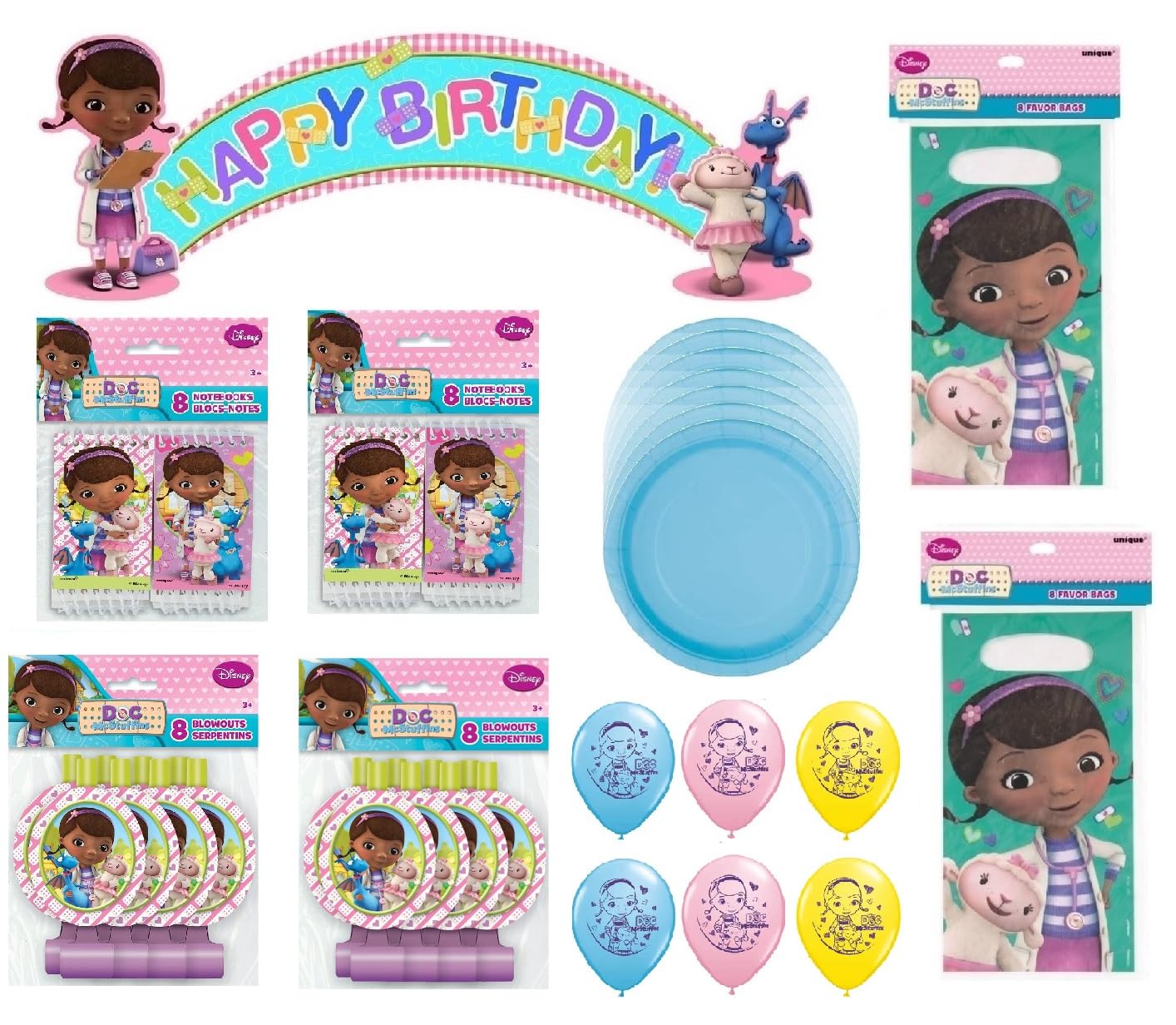 Doc McStuffins Party Supplies Deluxe Bundle Pack includes 16 Blue Lunch Plates, 1 Happy Birthday Banner, 16 Loot Bags, 16 Blowouts, 16 Mini Notebooks,