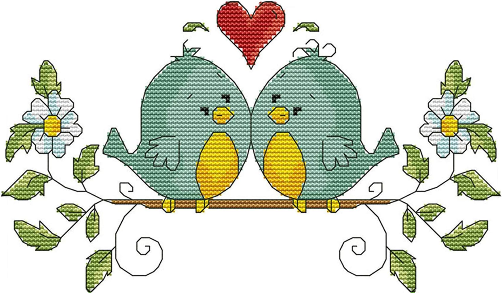 Cross Stitch Stamped Kit Pre-Printed Pattern Love Birds, 11CT Aida Fabric Size 14.6” x 8.7" for Embroidery Needlework Art Crafts Lovers, No Frame