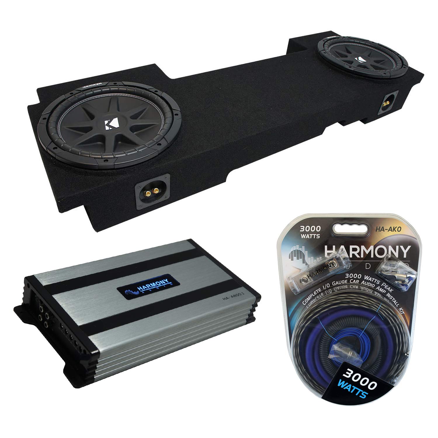 Harmony Audio Compatible with 2002-2013 Cadillac Escalade EXT Underseat Kicker Bundle Comp C12 Dual 12 Sub Box Enclosure & Harmony HA-A800.1 Amp