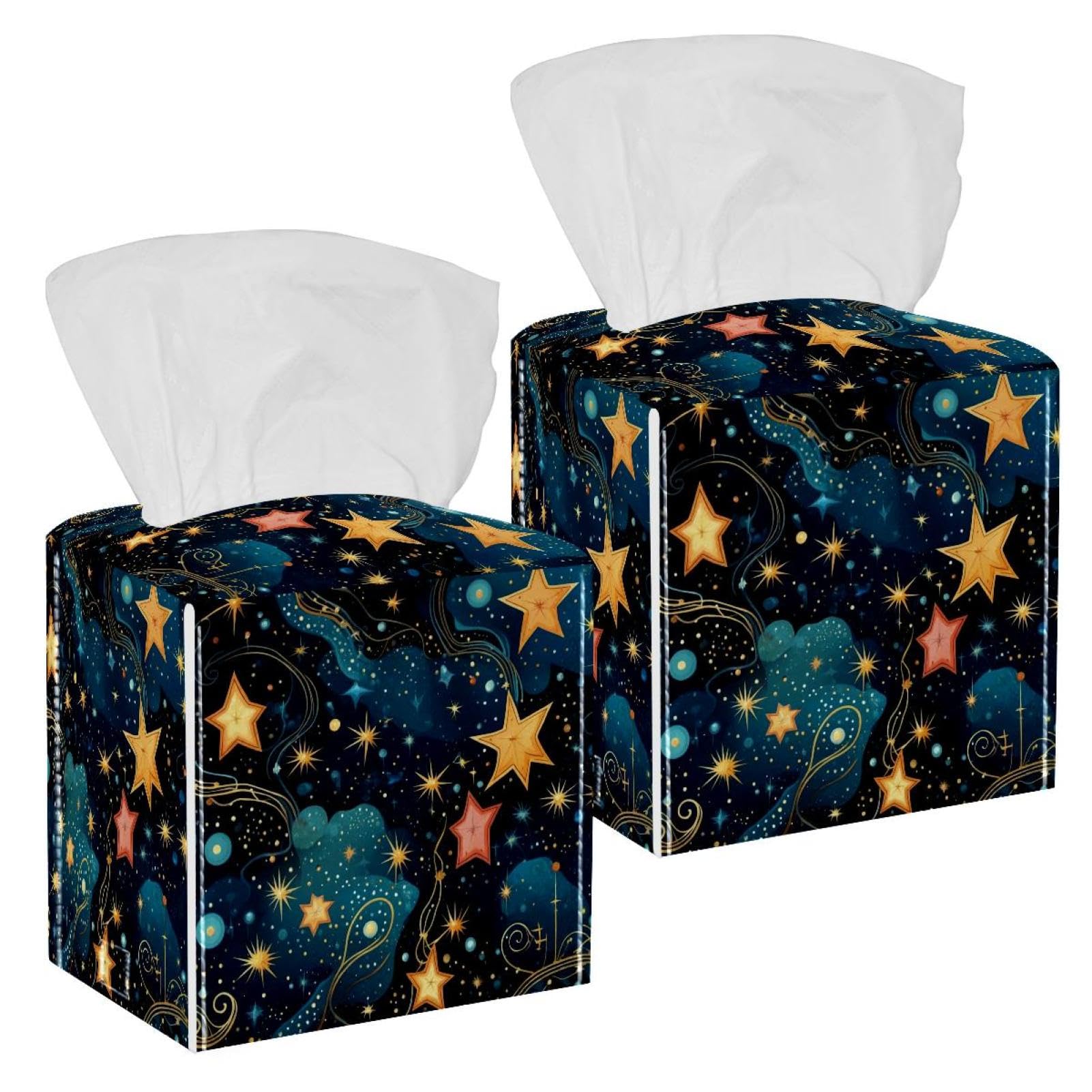 Art Constellation Milky Way Tissue Box Cover, 2 Pack PU Leather Square Facial Tissue Dispenser Box holder for Home Office Car