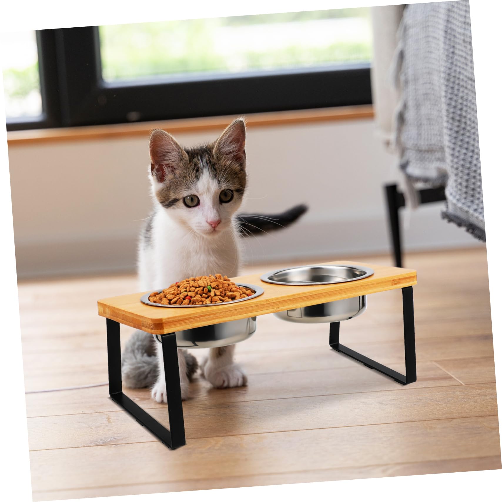 Comedero Elevado para Gatos con Soporte, Doble Cuenco de Acero Inoxidable | Base Antideslizante, Diseño Ergonómico, Uso Interior, Apto para Gato y Perro Pequeño