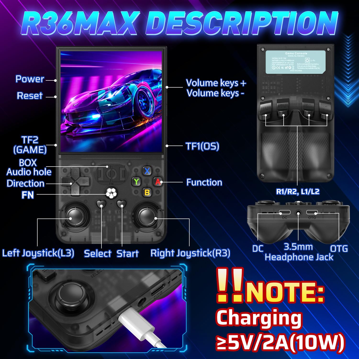 R36MAX Retro Handheld Game Console, 4.0 Inch IPS HD Screen Portable Retro Gaming Console, 1.5GHz CPU Support 30+ Emulator Console Video Game Console, 4000mAh Battery (64GB Black)