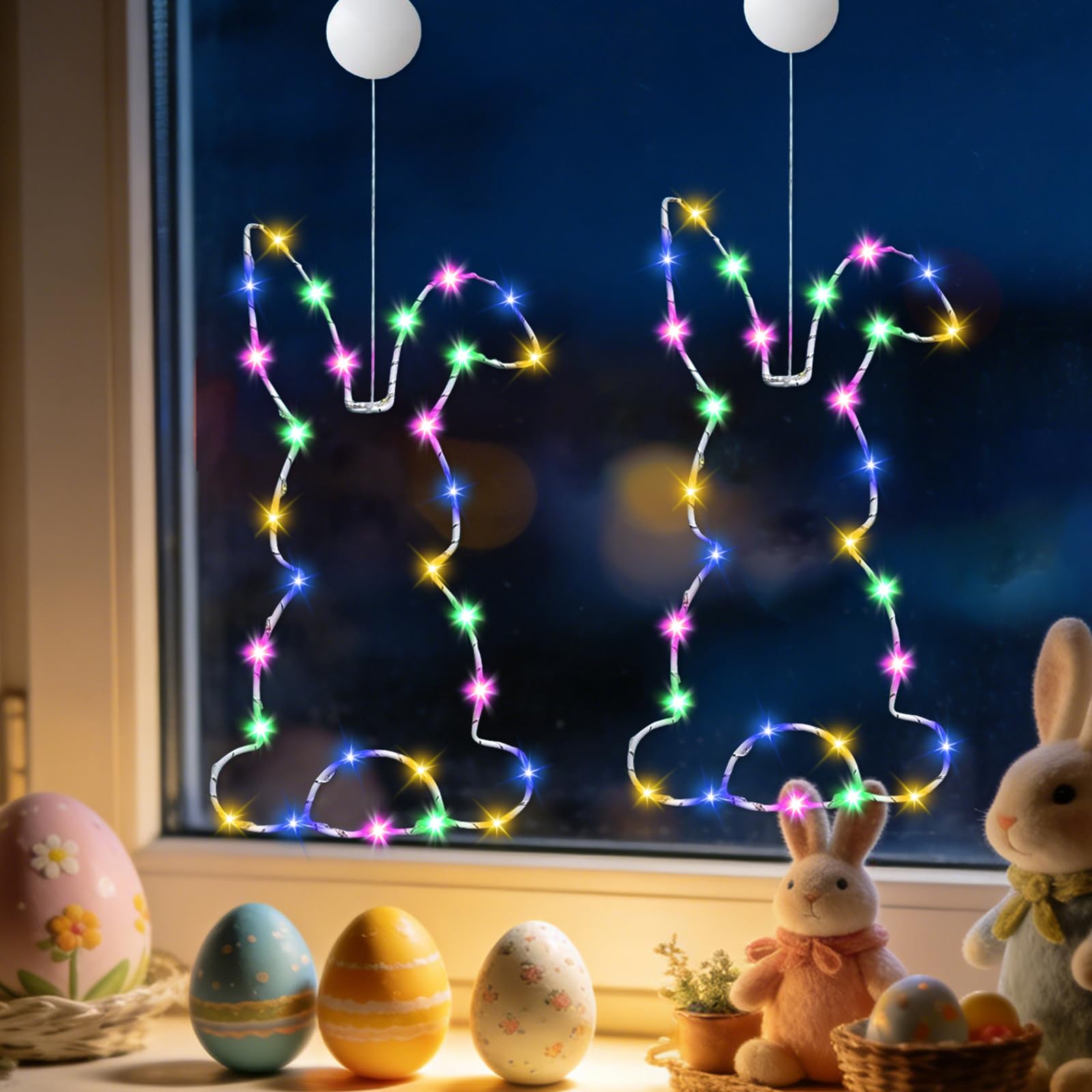 2PCS Osterhase Fensterlichter, Osterdeko LED Hase Fensterdeko mit Timer & Saugnapf, Osterdeko LED Fenster Licht, Osterhase Fenster Licht, Ostern Deko LED Lichterkette, für Innen Außen Fenster Deko
