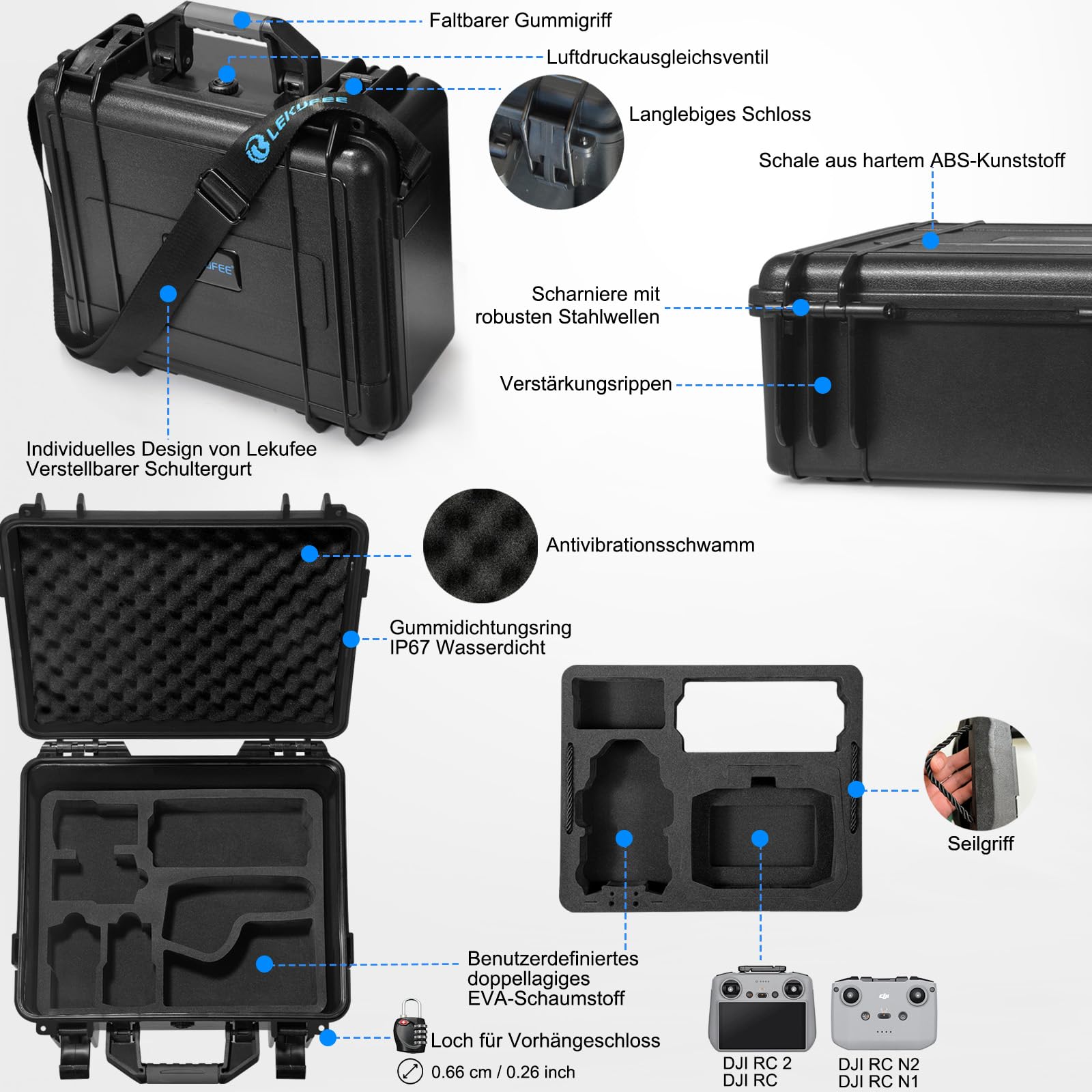 LEKUFEE Wasserdichtes Hartschalenkoffer für DJI Mini 4 Pro/3 Pro/Mini 3 Drohne,DJI RC 2/N2/N1,Goggles 3(Nicht für Goggles N3)/2/Integra,RC Motion 2 und Zubehör (nur Tasche)