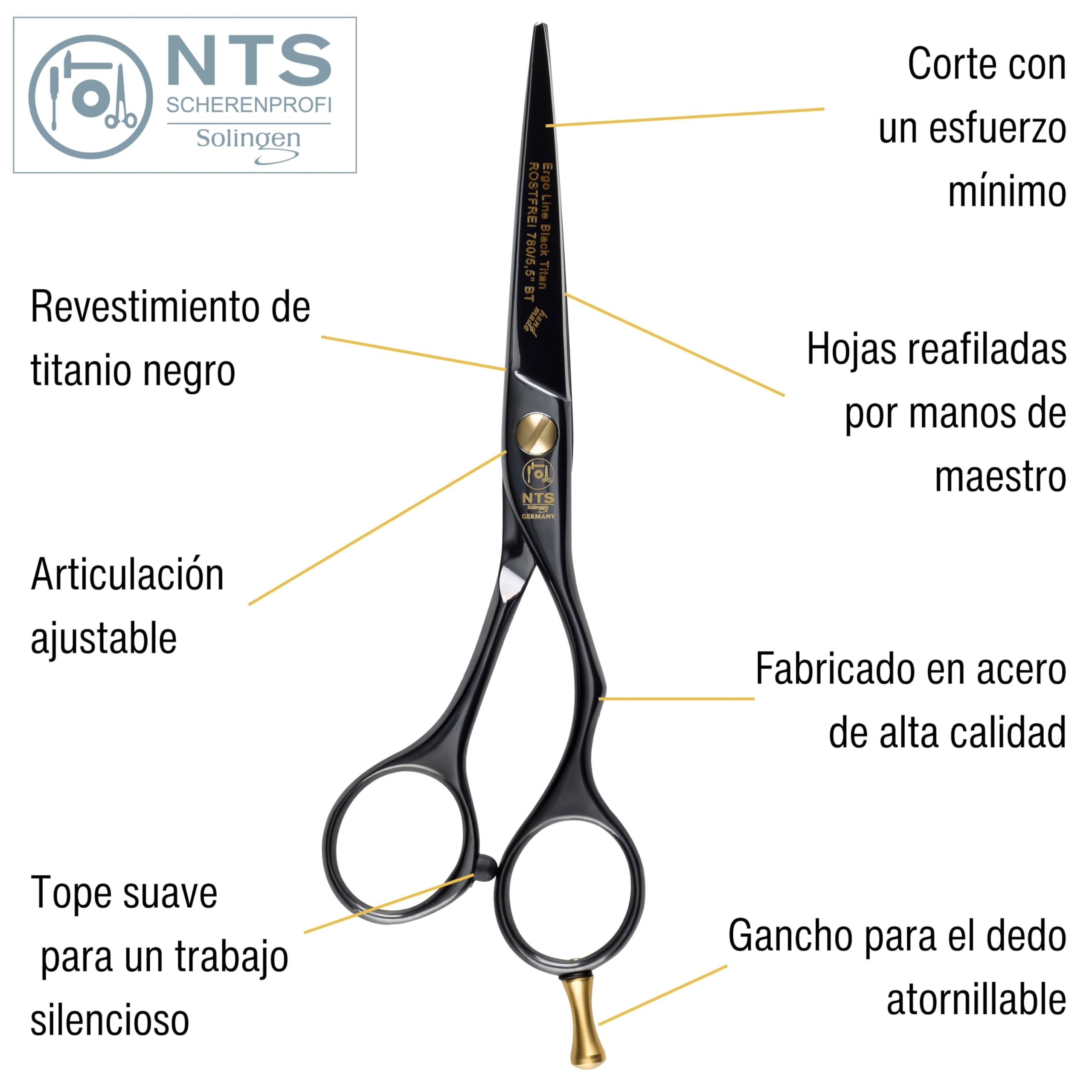Black Titan Ergo Line - Tijeras de peluquería profesionales para cortar el pelo, tijeras de pelo negras, tijeras con revestimiento de titanio, fabricadas en Solingen, hechas a mano, 14 cm