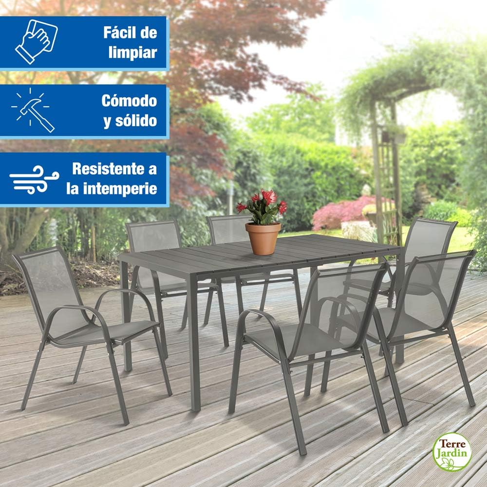 TERRE JARDIN - Sillas de Jardín, Lote de 6 - Sillas Apilables - Gris Antracita, de Textileno de Alta Densidad para Exterior - Cómodas y de Diseño