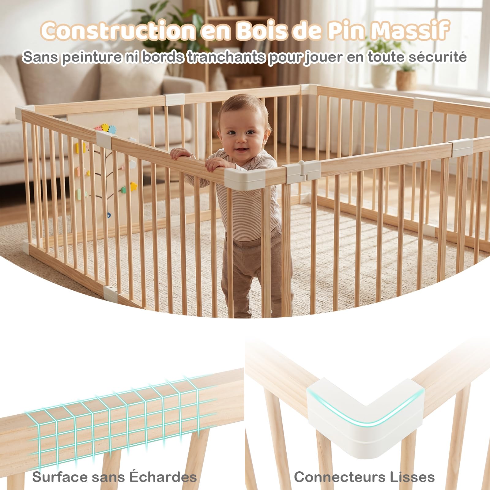 COSTWAY Parc Bébé Bois Pin Pliable, Porte Verrouillable et Jouets Montessori, Large Barrière de Sécurité 8 Panneaux, Parc Bebe Modulable pour Tout-petits 6 à 24 Mois, 160 x 160 x 61,5 CM - 5