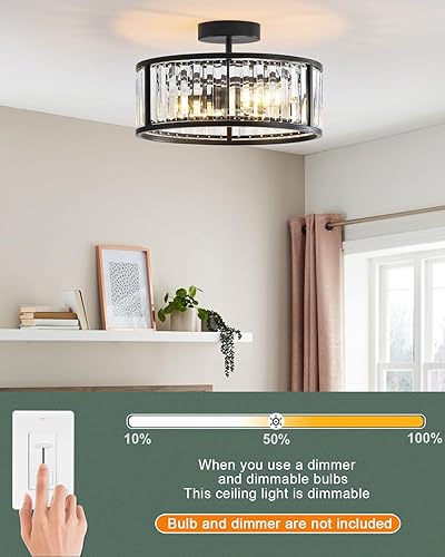 Miniatura 5 de Lámpara de techo negra empotrada, lámpara de cristal enjaulada de 2 luces, lámpara de pasillo de tambor pequeño, montaje de techo (14 pulgadas,