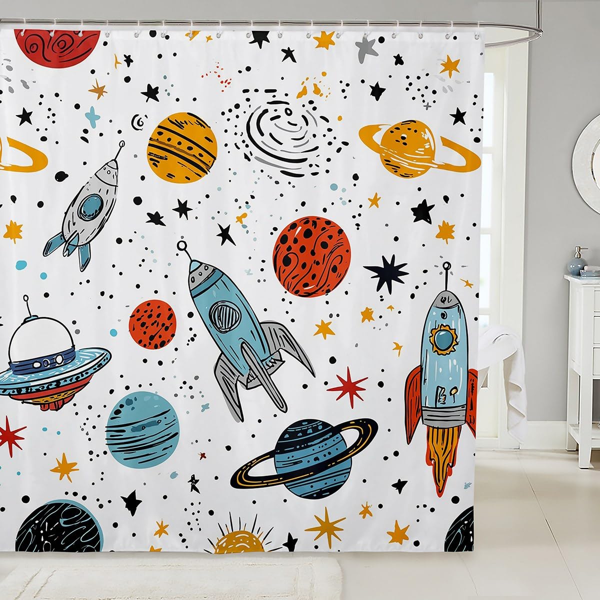 Outer Space Rocket Shower Curtain Galaxy Bath Curtain for Kids Boys Girl Cartoon Bathroom Accessories Universe Starry Sky Curtain Cosmos Blue Orange White Decor Shower Curtain,Colorful 72" W x 72" L