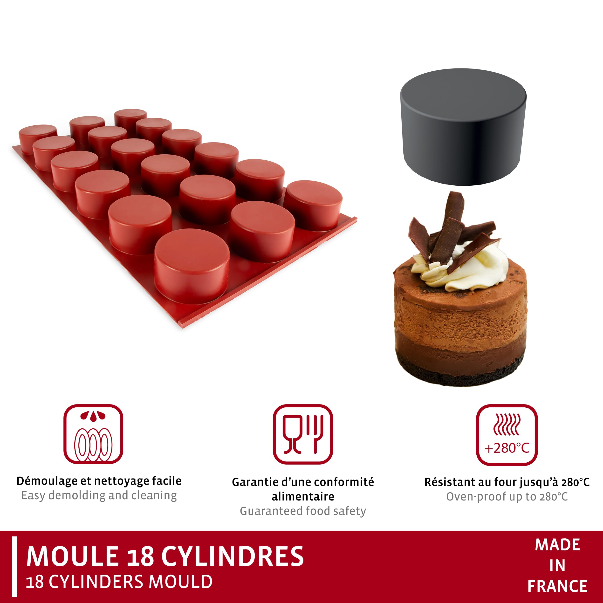 Maé, GN1/1 Molde cilíndrico de silicona de 18 celdas Ø62X35 mm, 108 ml, Fabricado en Francia, 27x50 cm