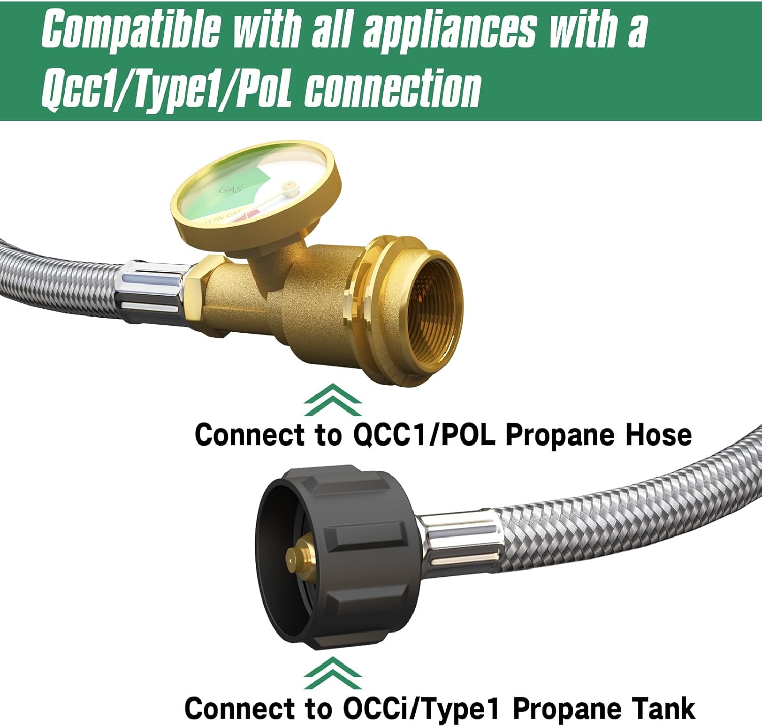 GardenNow Upgraded 12 FT Propane Tank Extension Hose Braided with Gauge, QCC1/Type 1 Tank Extension Hose, Acme to Male QCC/POL Fitting, Leak Detector Replacement for Propane Tank Appliances, Gas Grill