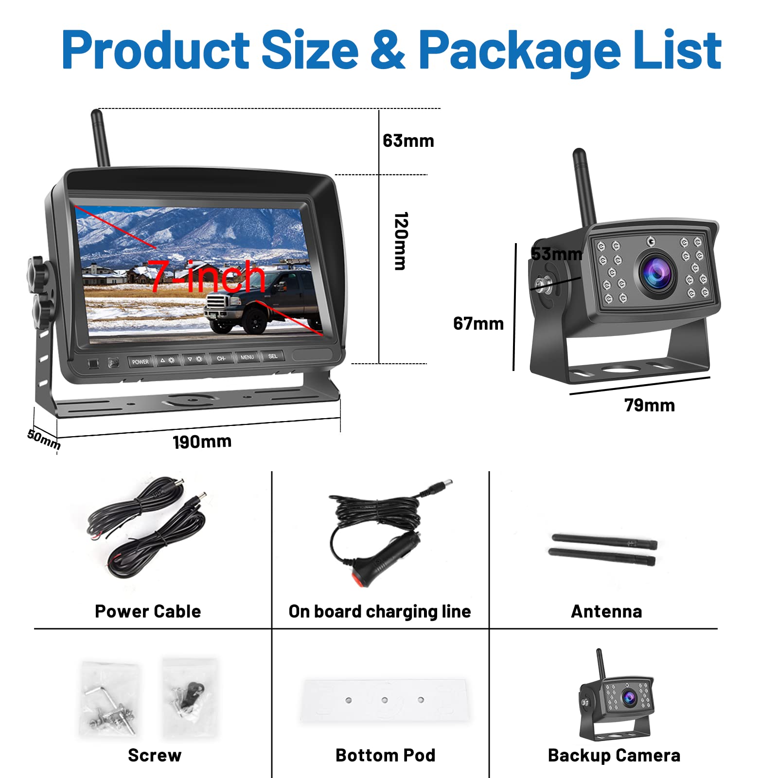 Hikity Kit Digitale Retrocamera Auto Wireless con Registrazione Video, Scermo IPS Monitor da 7" Impermeabile IP66 Visione Notturna IR Telecamera Retromarcia per Auto Camper Camion RV Roulotte Bus