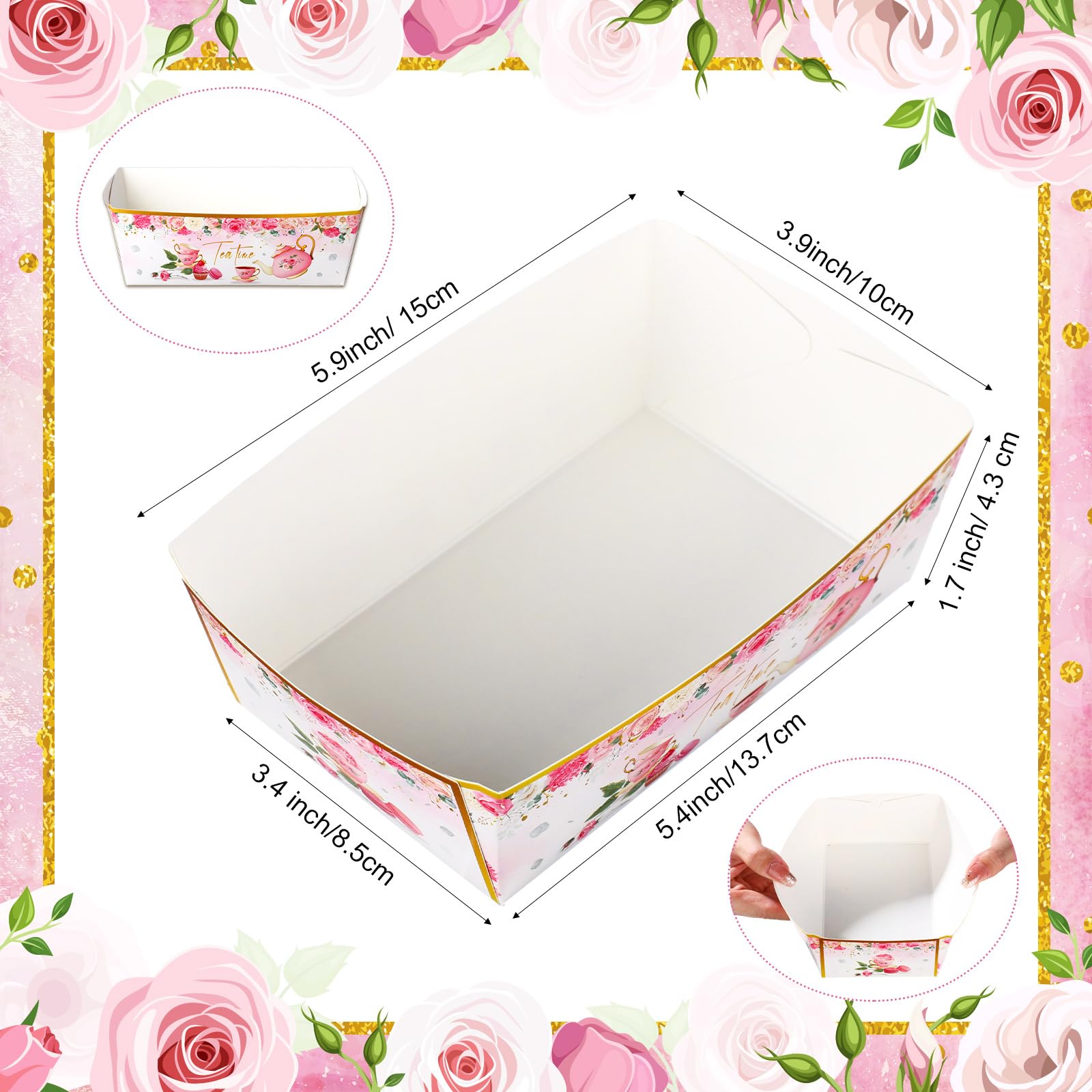 Blulu 50 Pieces Floral Party Paper Food Trays Bulk Flower Tea Food Boats Disposable Snack Holder Trays for Women Girls Spring Birthday Party Baby Shower Bridal Shower Wedding Supplies (Tea Time)