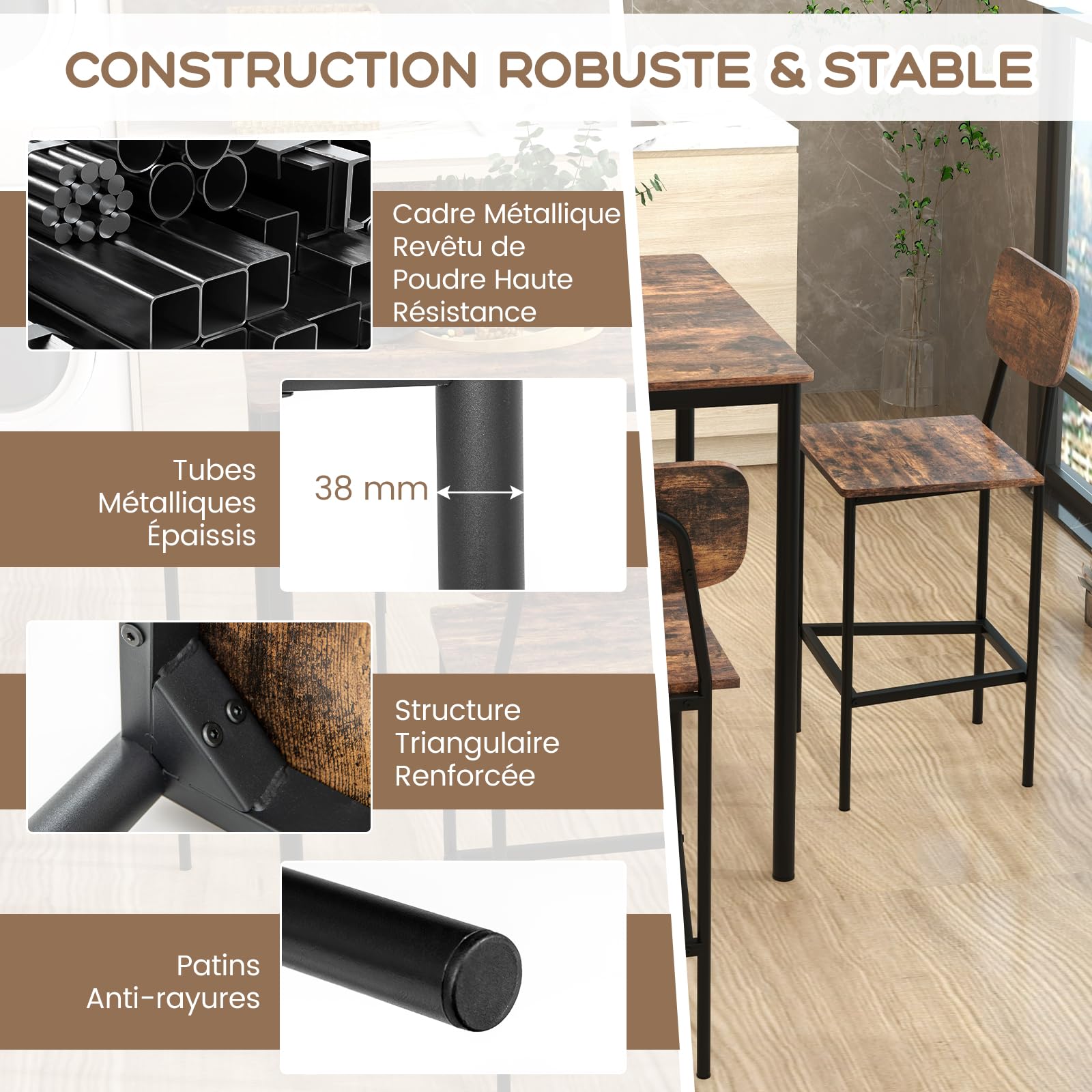 COSTWAY Ensemble Table et 4 Chaises, Table Haute Cuisine 90 x 90 cm, Tabouret avec Dossier, Mange Debout pour 4 Personnes, Design Compact, pour Cuisine, Bistro, Salon, Bar (Marron foncé)