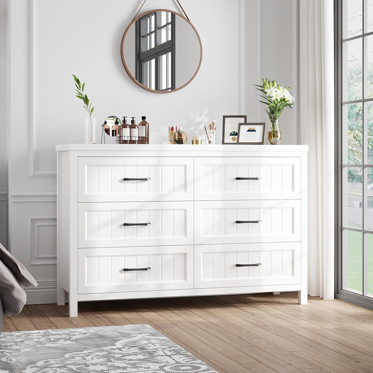 Jocoevol White Farmhouse 6-Drawer Dresser in a bedroom setting