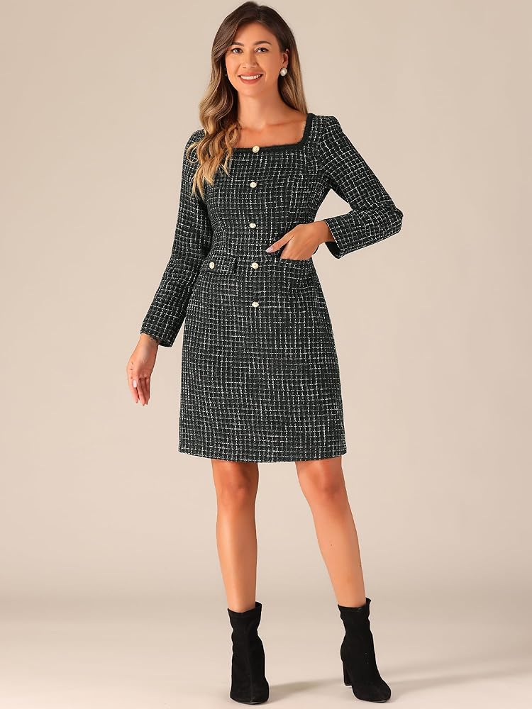 Allegra K Long Sleeve Tweed Dresses for Women's Square Neck
