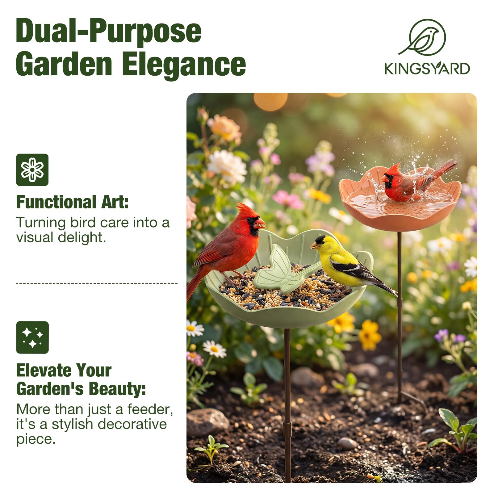 Kinsgyard - Paquete de 2 comederos para pájaros con poste ajustable, comedero para pájaros silvestres para decoración de jardín al aire libre, gran capacidad de semillas, fácil de limpiar y rellenar