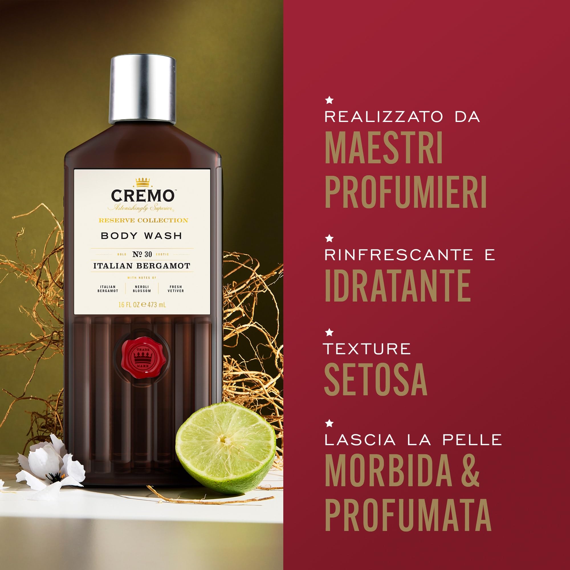 Cremo Body Wash Men, Notes of Italian Bergamot, Neroli Blossom, and Fresh Vetiver, Rich-Lathering Italian Bergamot, 16 Fl Oz
